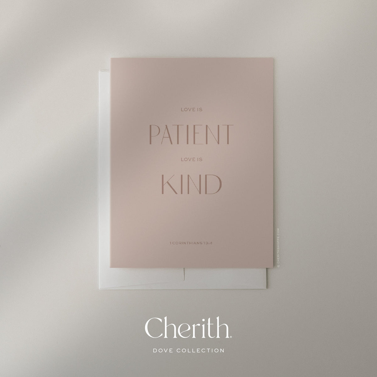 Love Is Patient, Love Is Kind 1 Corinthians 13:4 pink card, by Cherith.