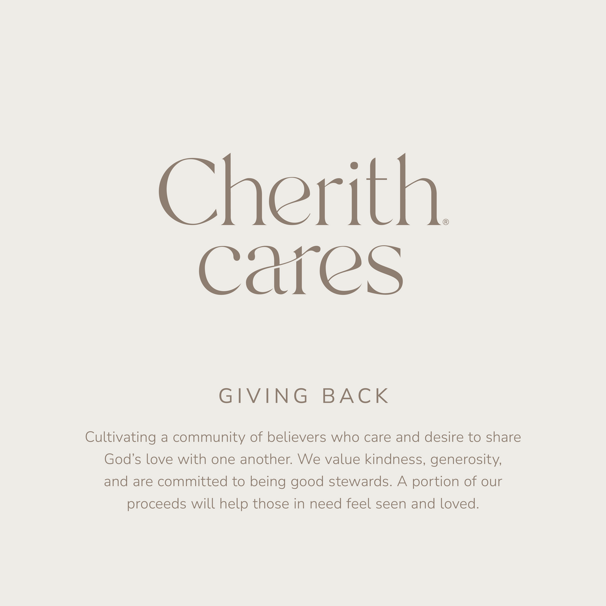Cherith® Cares Giving Back details.