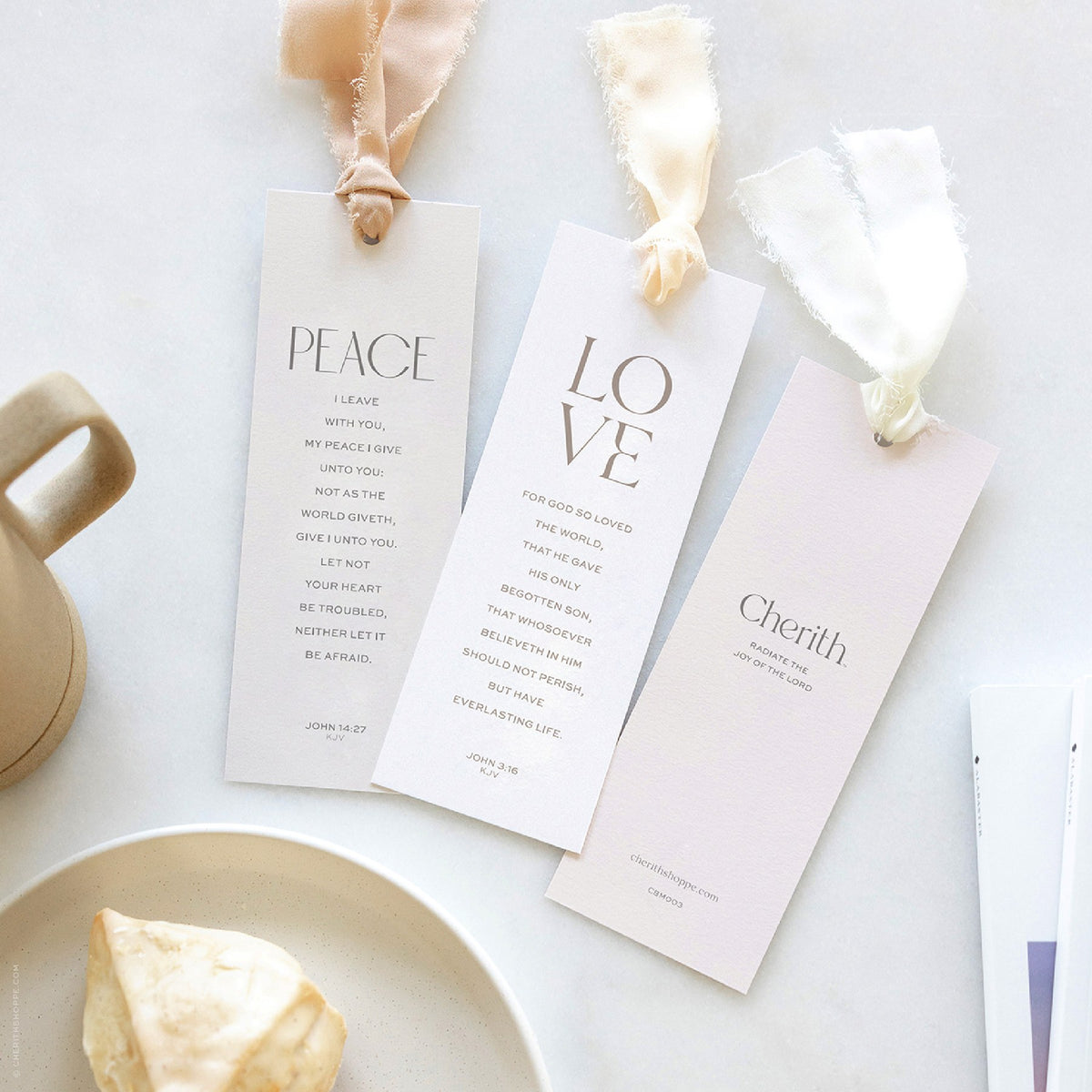 Peace, Love, Radiate the Joy scripture bookmarks with ribbons, by Cherith.