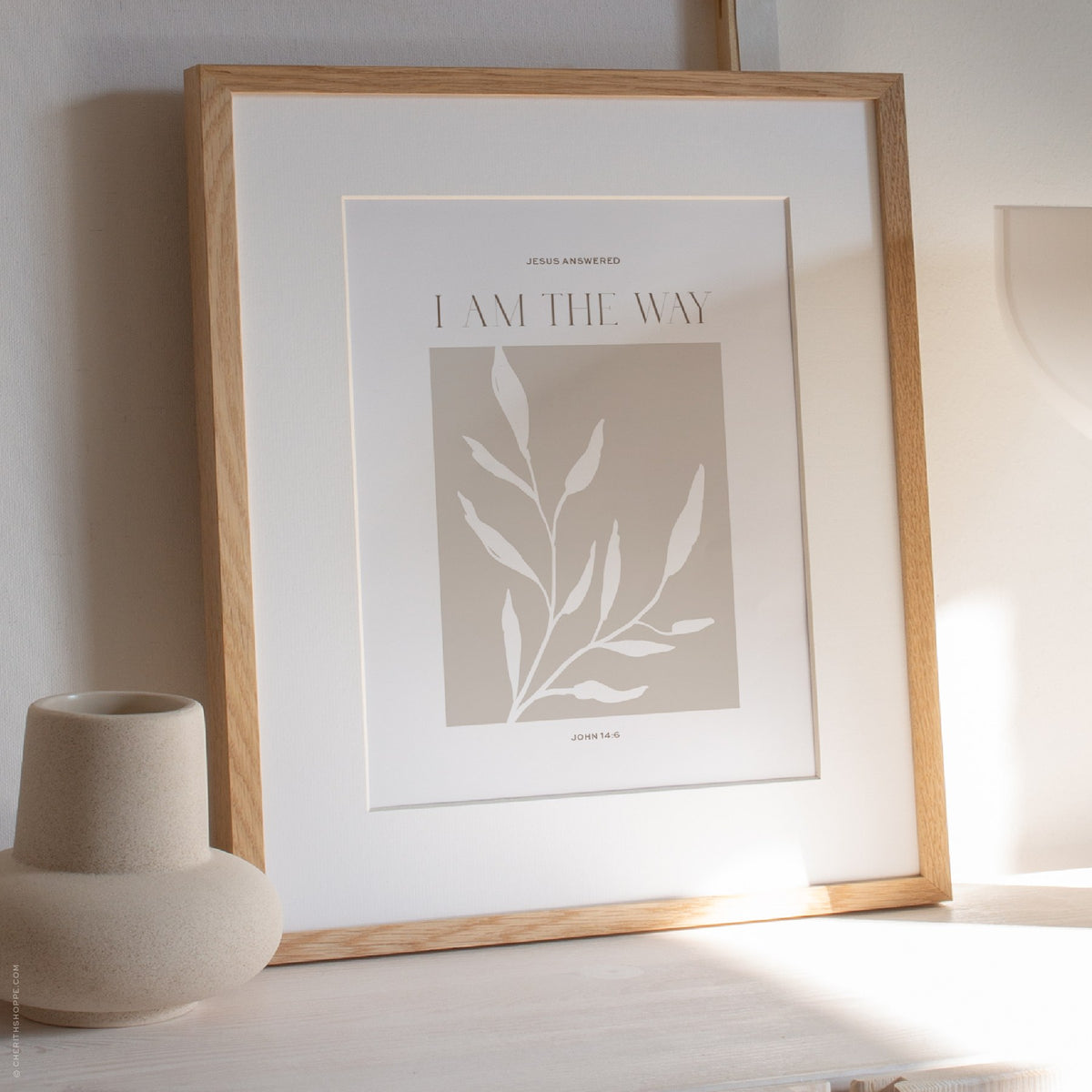 I Am the Way John 14:6 art print with a white leaf branch in an oak frame, by Cherith.