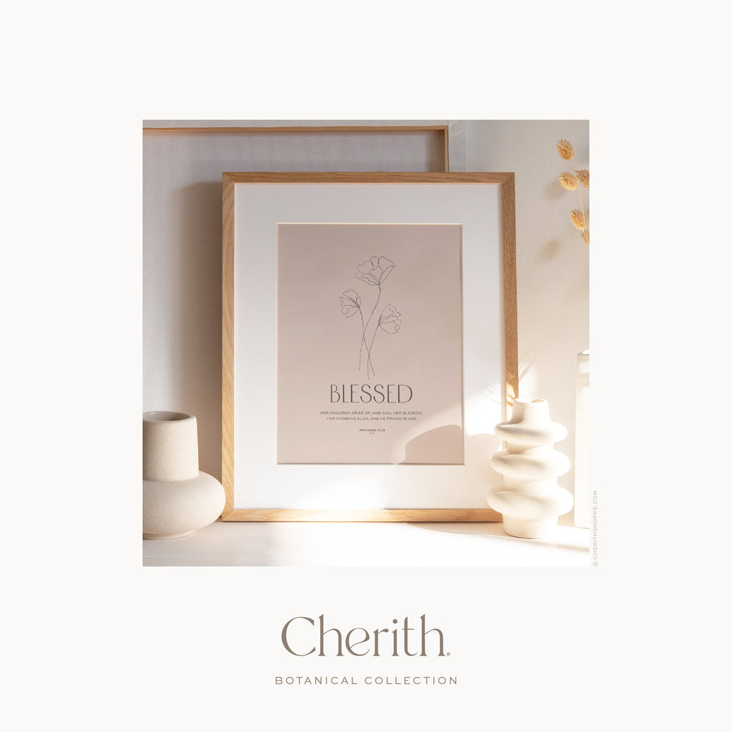 Blessed botanical line art print with Proverbs 31:28 in an oak frame, by Cherith.