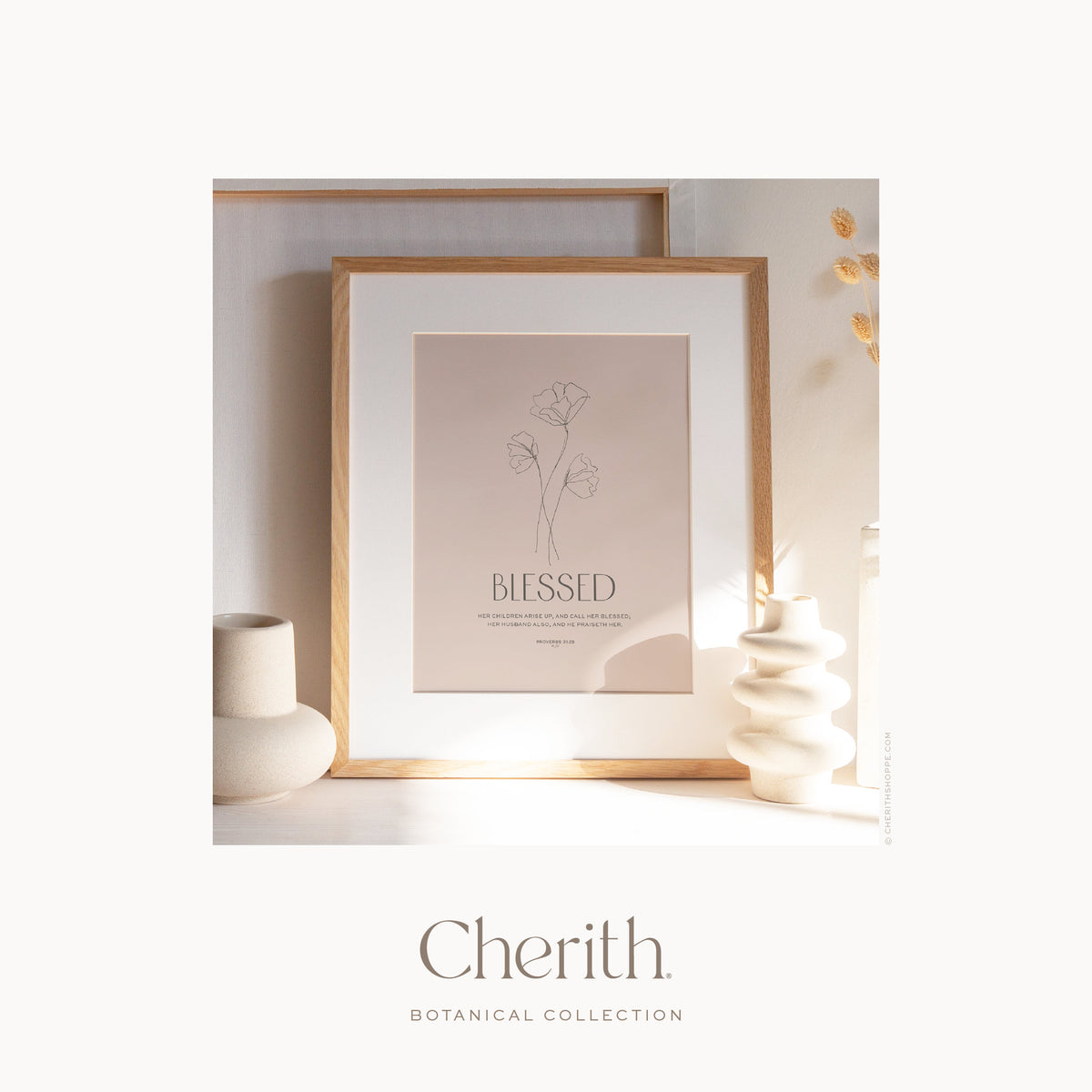 Blessed botanical line art print with Proverbs 31:28 in an oak frame, by Cherith.