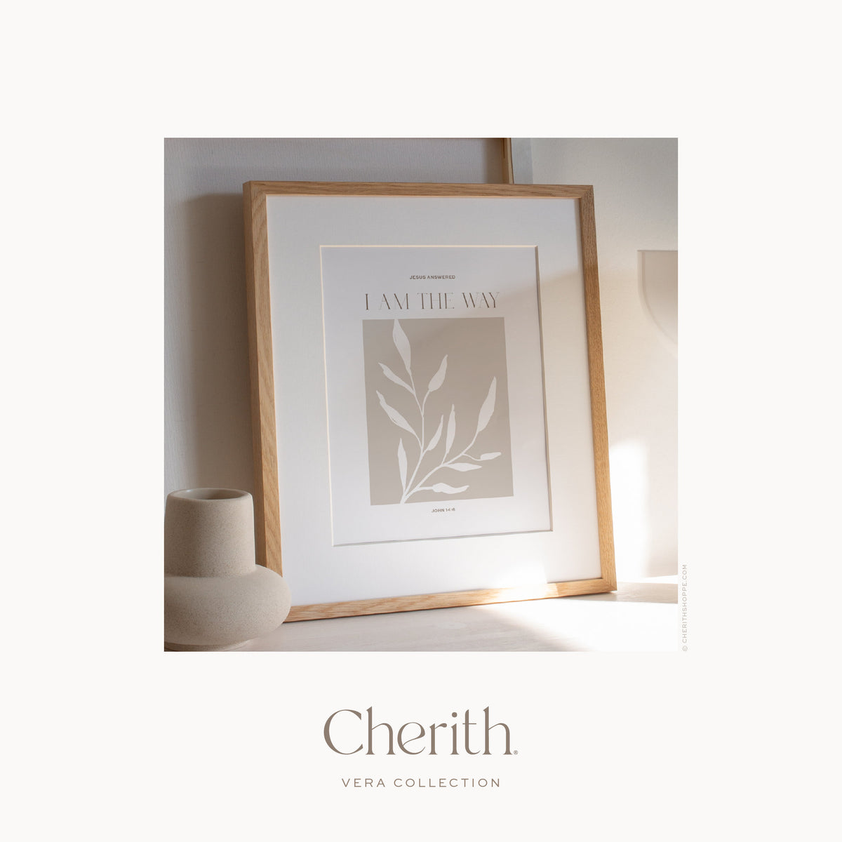 I Am the Way John 14:6 art print with a white leaf branch in an oak frame, by Cherith.