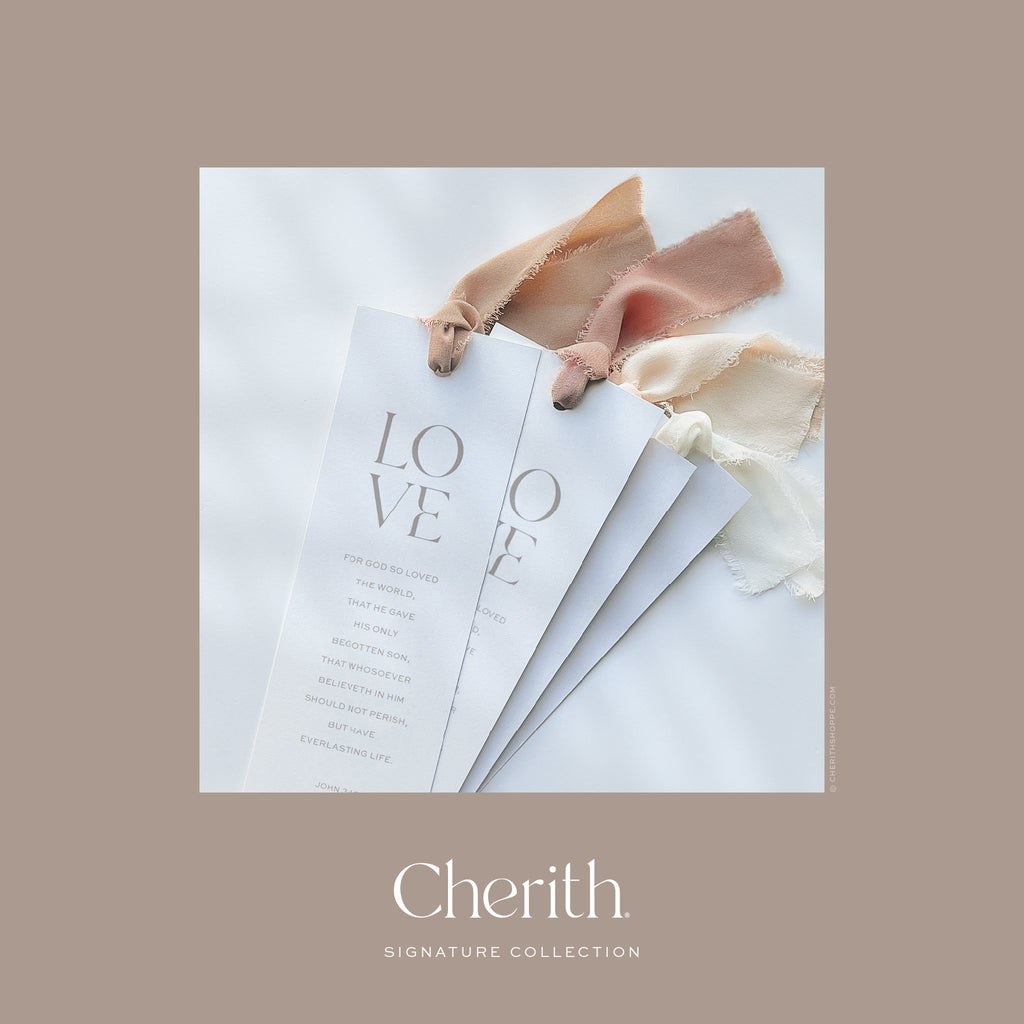 LOVE John 3:16 bookmarks fanned out with a colorway of ribbons, by Cherith.