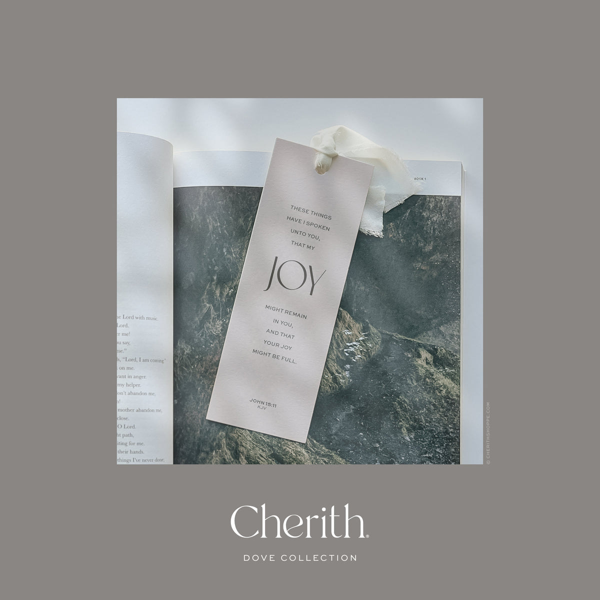 JOY John 15:11 bookmark with a ribbon resting on a Bible, by Cherith.
