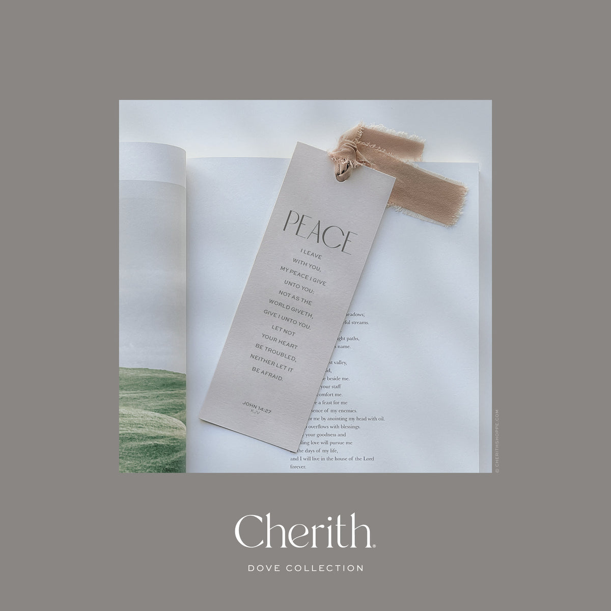 PEACE John 14:27 bookmark with a ribbon resting on a Bible, by Cherith.