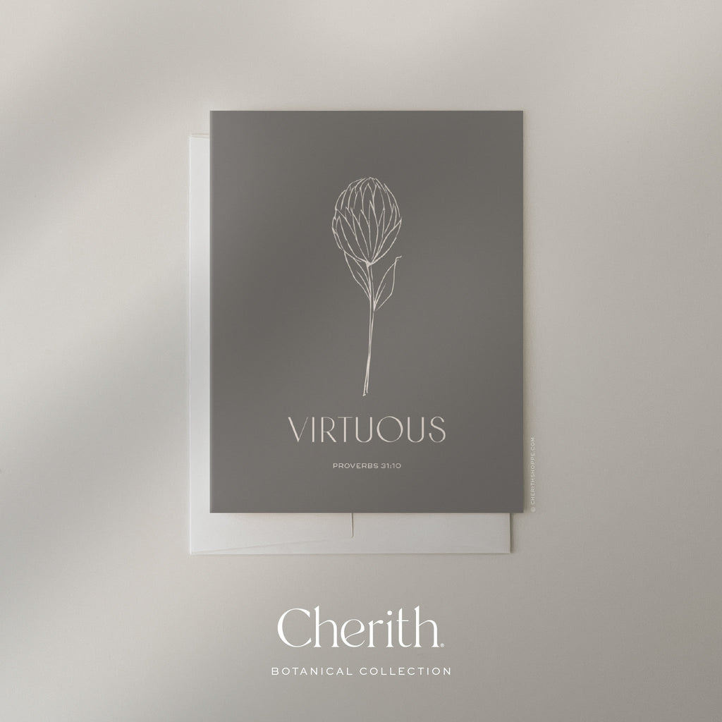 Virtuous Proverbs 31:10 card with a hand-drawn flower, by Cherith.