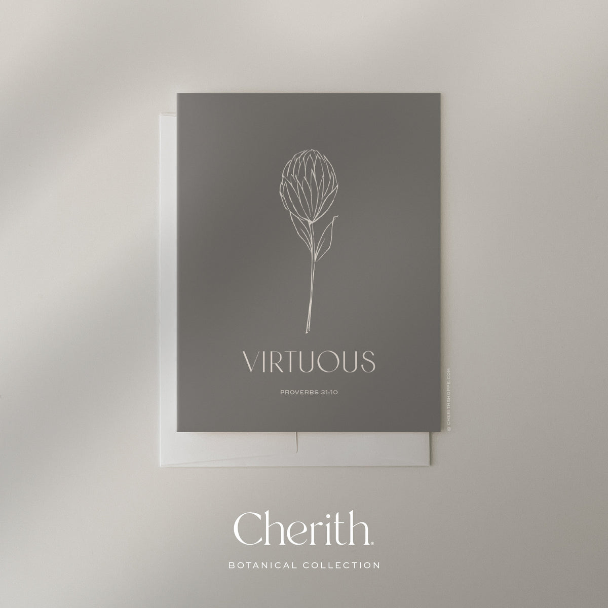 Virtuous Proverbs 31:10 card with a hand-drawn flower, by Cherith.