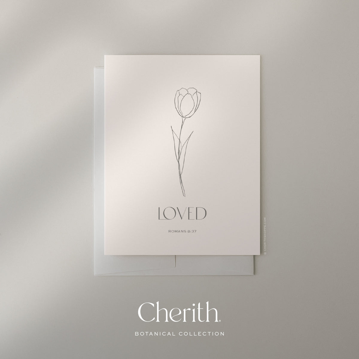 Loved Romans 8:37 card with a hand-drawn flower, by Cherith.