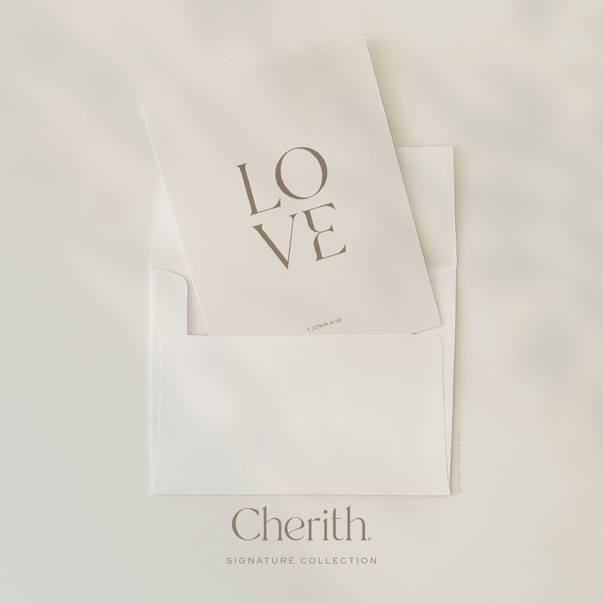 LOVE 1 John 4:19 card tucked into an envelope, by Cherith.