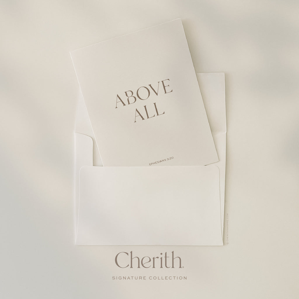 Above All Ephesians 3:20 card tucked into an envelope, by Cherith.