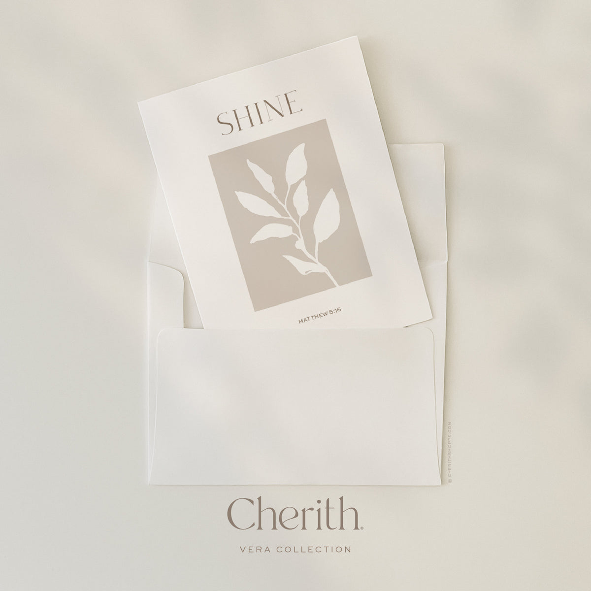 Shine Matthew 5:16 card, tucked into an envelope, by Cherith.