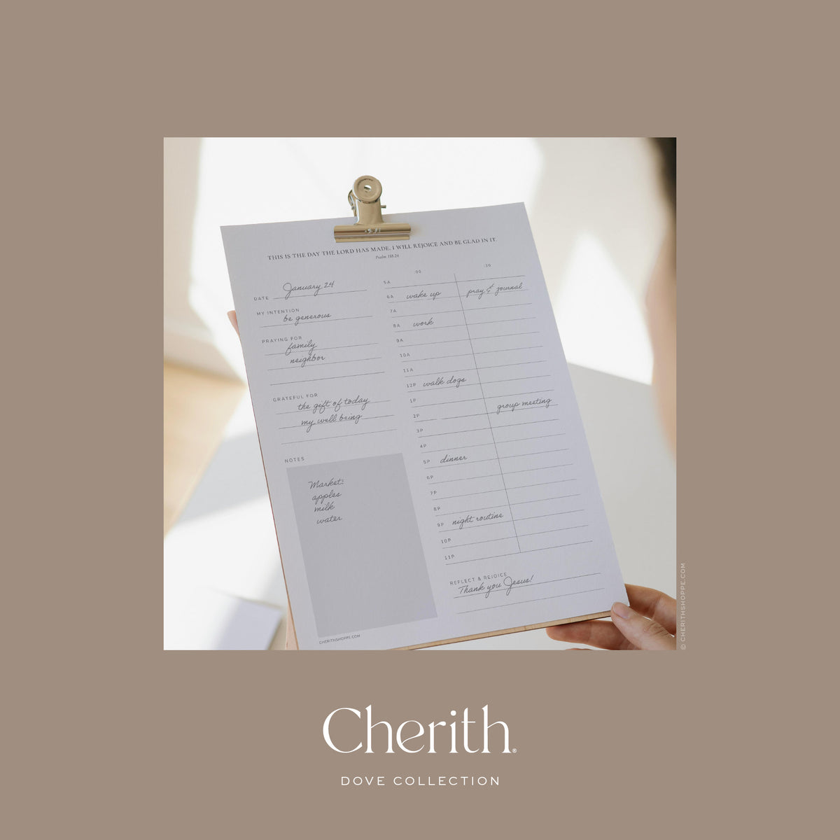 Psalm 118:24 daily planner filled in by hand on a clipboard, by Cherith.