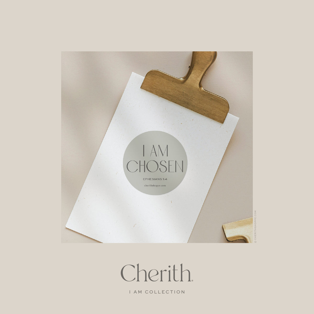 I Am Chosen Ephesians 1:4 round sticker on cream paper with a brass clip, by Cherith.