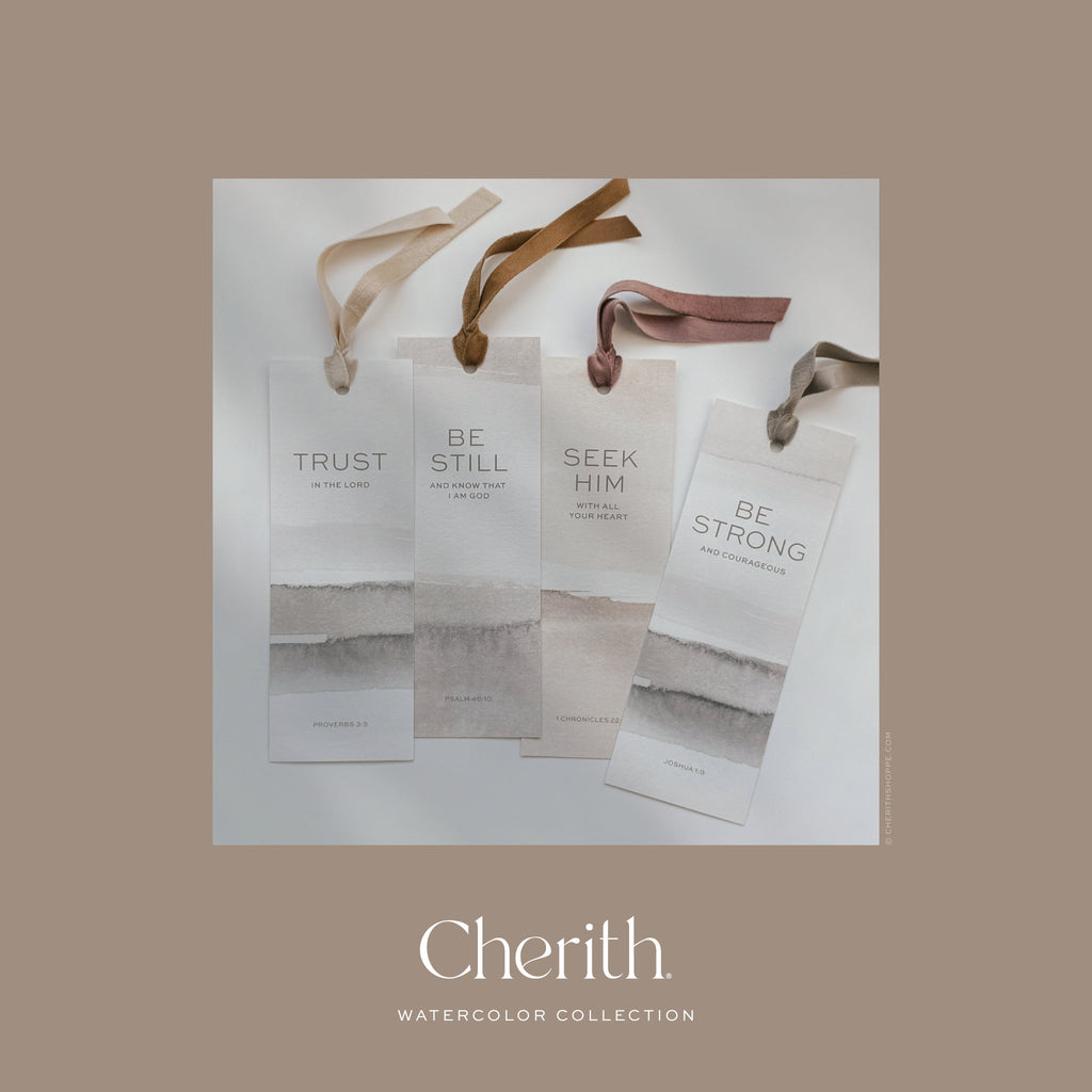 Watercolor collection of Trust, Be Still, Seek Him and Be Strong bookmarks with ribbons, by Cherith.