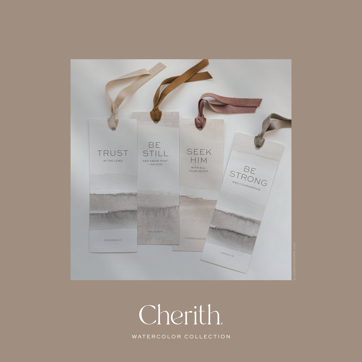 Watercolor collection of Trust, Be Still, Seek Him and Be Strong bookmarks with ribbons, by Cherith.